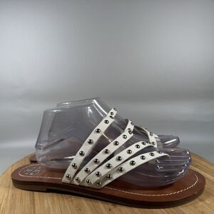 Tory Burch Sz 9 Patos Studded Strappy Sandals White Thong Leather Silver Studs